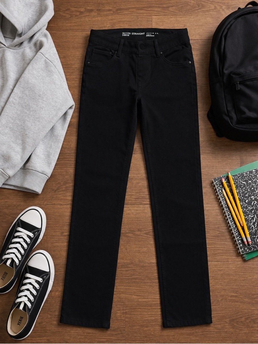 NWT Denim Co Black Straight Leg Pants Youth 10-11Y 146cm Classic Stretch